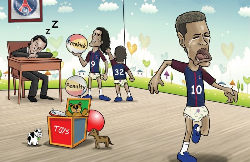 Biếm họa: Neymar khóc chạy vì bị Cavani giành đồ chơi