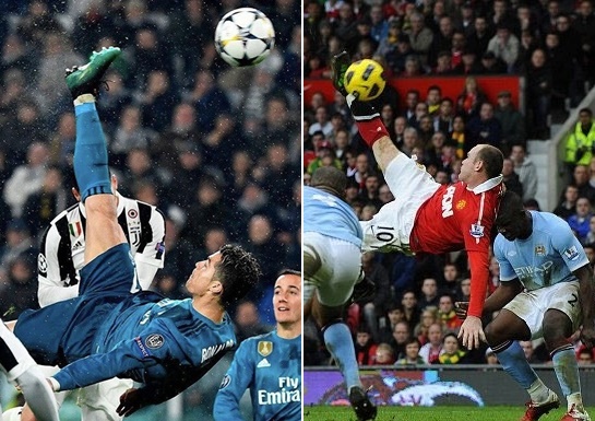 Ronaldo tái hiện siêu phẩm "xe đạp chổng ngược" của Wayne Rooney