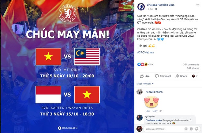 Chelsea bất ngờ tiếp lửa cho tuyển Việt Nam