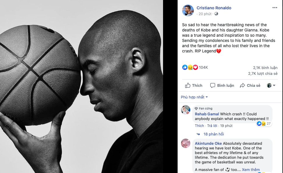 Ronaldo, Messi và loạt sao bàng hoàng khi Kobe Bryant tử nạn