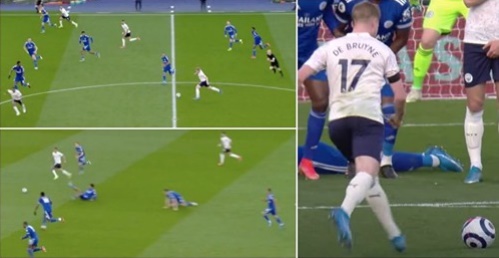 Ảnh bài viết "Ma thuật kiến tạo" của De Bruyne khiến cặp trung vệ Leicester ngã sõng soài