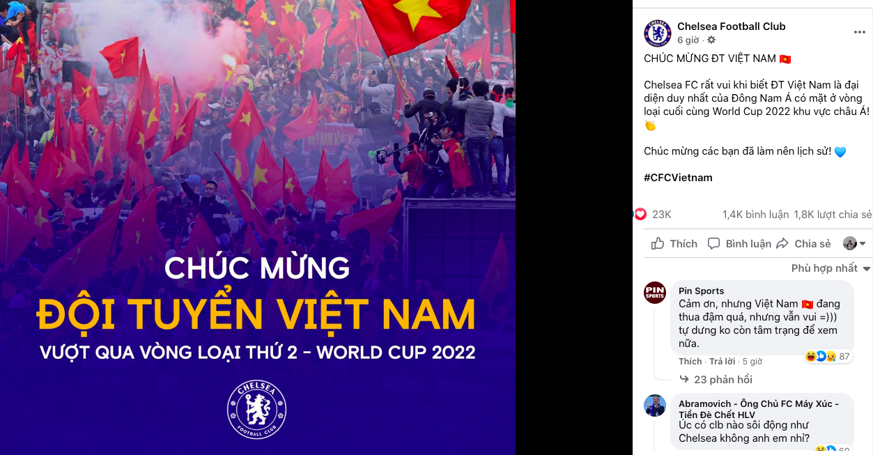 Ảnh bài viết Chelsea chúc mừng Việt Nam giành vé đi tiếp ở VL World Cup