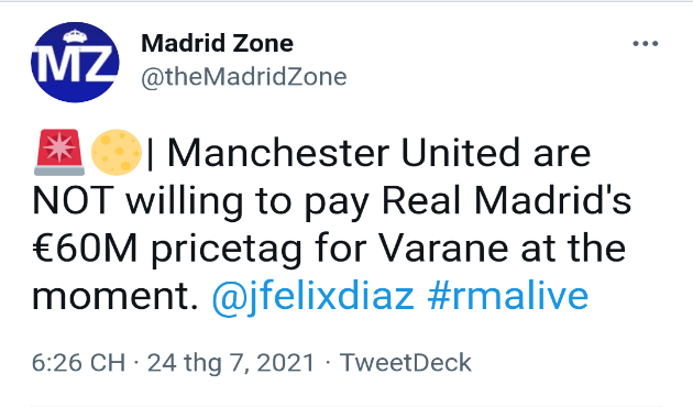 Manchester United are NOT willing to pay Real Madrid's €60M pricetag for Varane at the moment - Bóng Đá