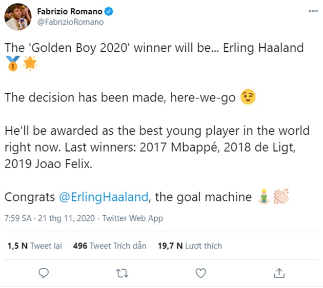The 'Golden Boy 2020' winner will be... Erling Haaland - Bóng Đá