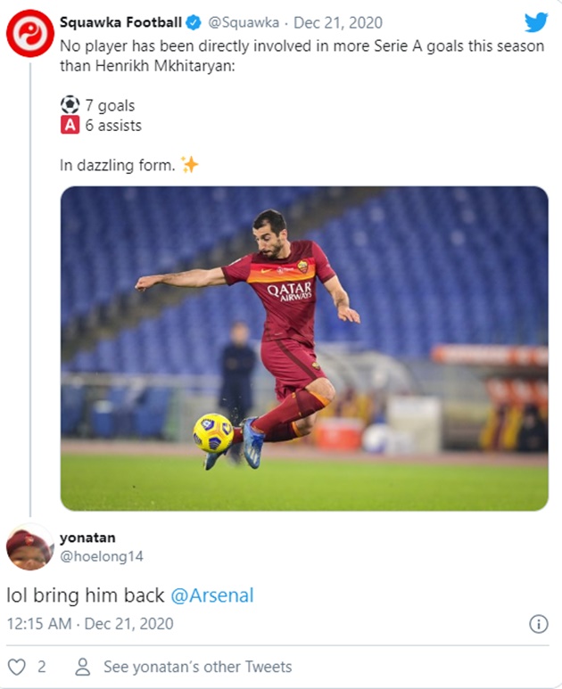 Arsenal fans discuss Henrikh Mkhitaryan as good Roma form continues - Bóng Đá