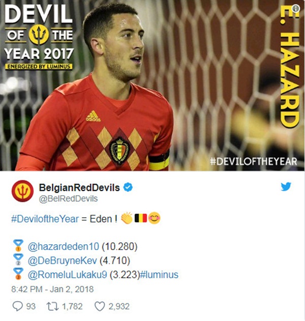 Vượt mặt Lukaku và De Bruyne, Hazard xuất sắc nhất nước Bỉ - Bóng Đá