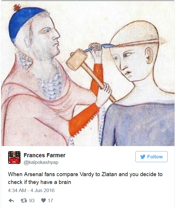 Cổ động viên Arsenal nên kiểm tra não khi so sánh giữa Zlatan Ibrahimovic và Jamie Vardy.