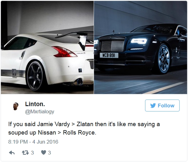 Một bình luận nhẹ nhàng hơn: So sánh giữa Zlatan Ibrahimovic với Jamie Vardy giống như một chiếc Nissan so với Rolls Royce.