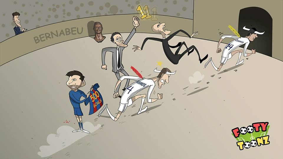 Biếm họa Messi mồm đầy máu, đứng cắm cờ ngạo nghễ trên đầu Real - Bóng Đá