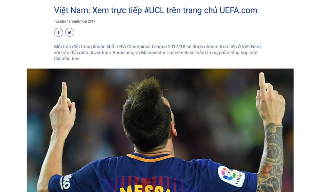 NHM Việt Nam được xem trực tiếp Champions League trên website UEFA