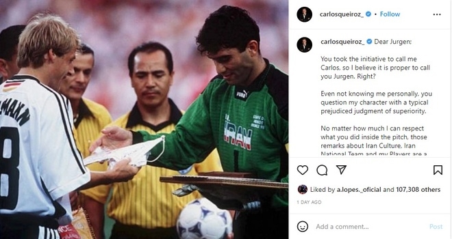 Bài đăng của HLV Carlos Queiroz thu hút hơn 100.000 lượt tương tác.