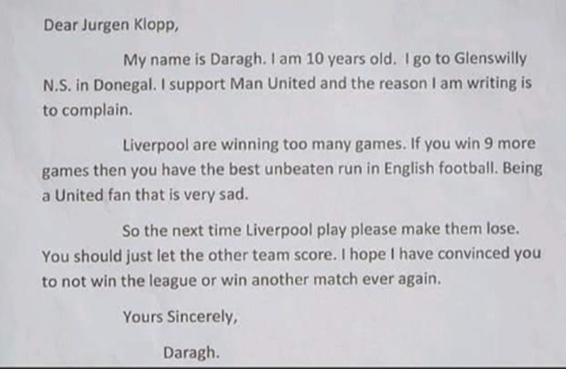 Liverpool finally lose, but was it down to a 10-year-old Man United fan's letter? - Bóng Đá