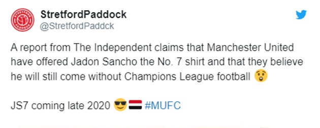 Manchester United fans react after Jadon Sancho 'unofficially confirms transfer to Man Utd' - Bóng Đá