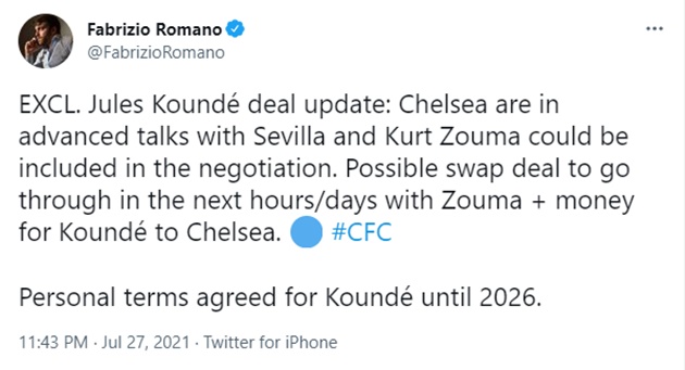 Jules Koundé deal update: Chelsea are in advanced talks with Sevilla and Kurt Zouma could be included in the negotiation - Bóng Đá