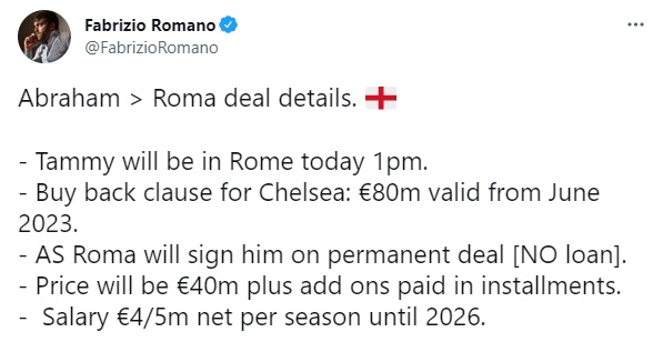 Abraham > Roma deal details - Bóng Đá