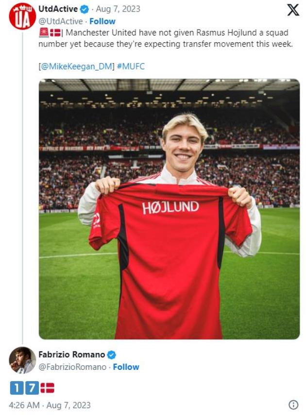 Fabrizio Romano 'confirms' Rasmus Hojlund's Man Utd shirt number - Bóng Đá