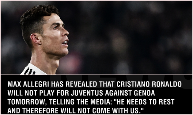 Tại sao Ronaldo vắng mặt ở trận thua sốc của Juventus trước Genoa? - Bóng Đá