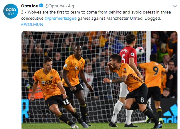 Wolves are the first to team to come from behind and avoid defeat in three consecutive @premierleague games against Manchester United - Bóng Đá