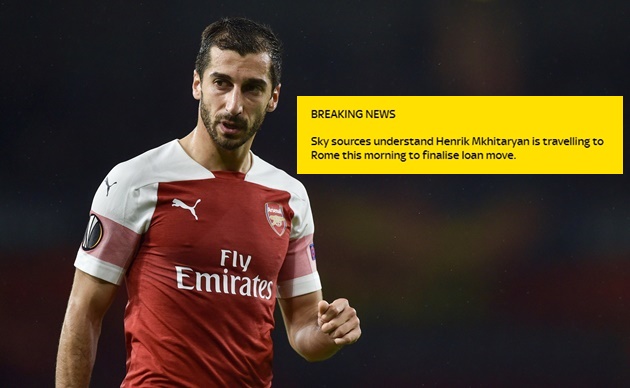 BREAKING: Henrikh Mkhitaryan is flying to Rome this morning to complete a season-long loan to Roma from Arsenal. (Sky). - Bóng Đá