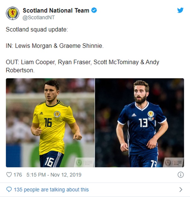 Scotland: OUT: Liam Cooper, Ryan Fraser, Scott McTominay & Andy Robertson. - Bóng Đá
