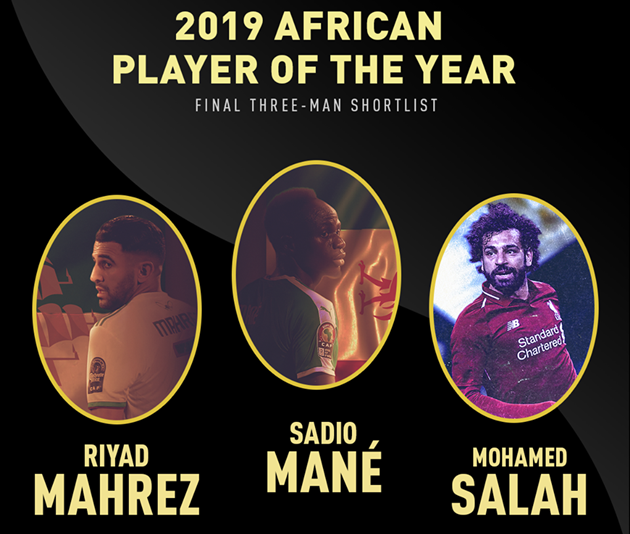 OFFICIAL: The final three nominees for the 2019 African Player of the Year:  ???????? Riyad Mahrez ???????? Sadio Mané ???????? Mohamed Salah - Bóng Đá