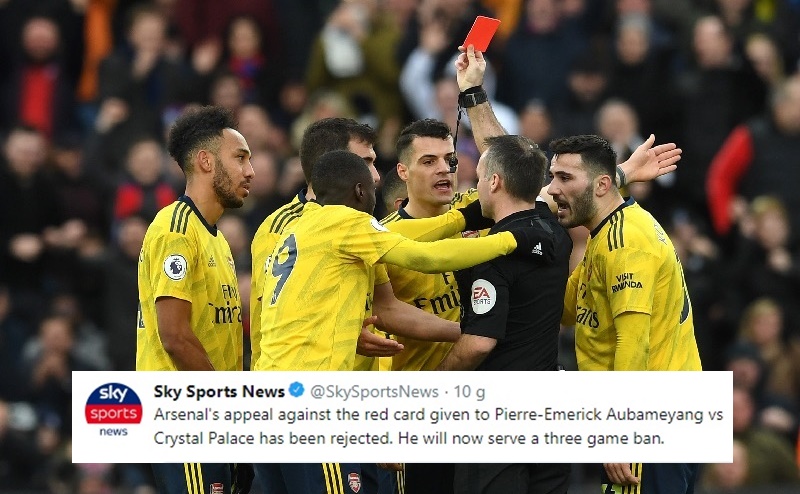 Arsenal's appeal against the red card given to Pierre-Emerick Aubameyang vs Crystal Palace has been rejected - Bóng Đá