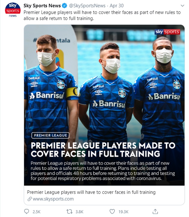 Premier League players will have to cover their faces as part of new rules to allow a safe return to full training - Bóng Đá