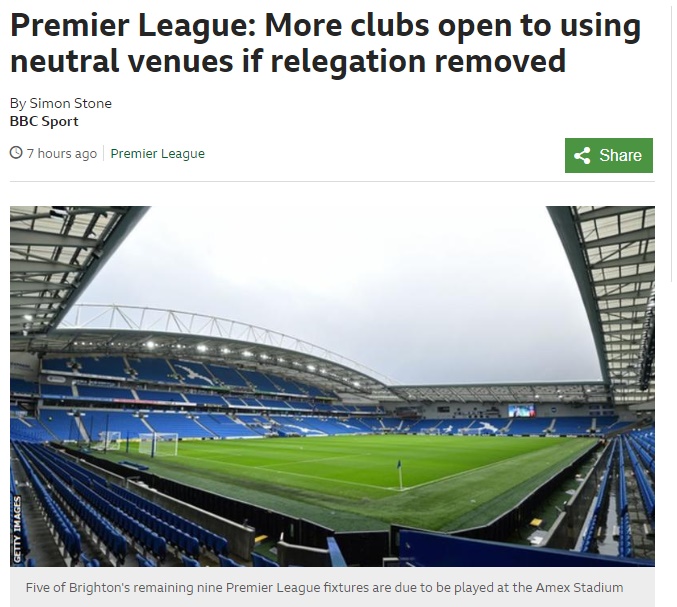 Premier League: More clubs open to using neutral venues if relegation removed - Bóng Đá