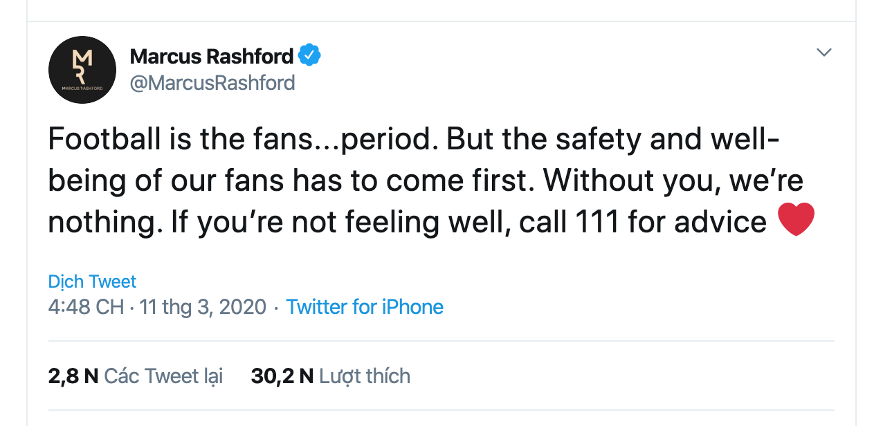 Marcus Rashford sends message to Man Utd fans amid coronavirus fears - Bóng Đá