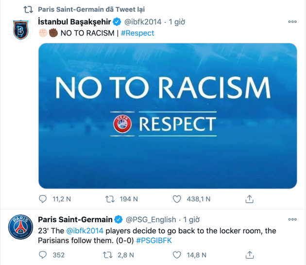 Trọng tài phân biệt chủng tộc, trận PSG - Istanbul BB hoãn ngay hiệp 1 - Bóng Đá