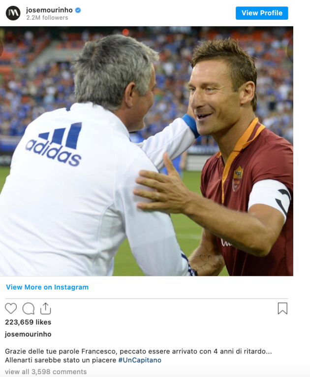 Jose Mourinho responds to Francesco Totti's prediction for his spell as Roma manager - Bóng Đá