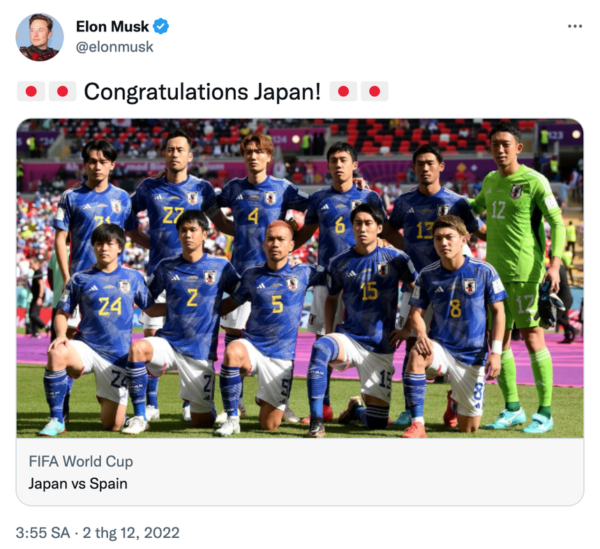 Elon Musk chúc mừng tuyển Nhật Bản - Bóng Đá
