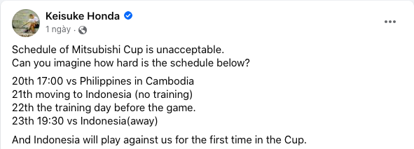 Keisuke Honda: 'Lịch thi đấu AFF Cup không thể chấp nhận được' - Bóng Đá