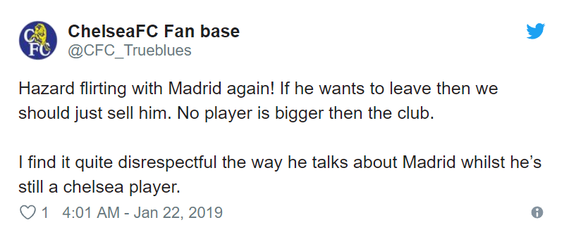 xasperated Chelsea fans on Twitter blast ‘disrespectful’ Eden Hazard after latest comments about potential Real Madrid transfer - Bóng Đá