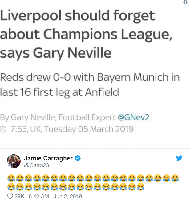 Jamie Carragher can't resist dig at Gary Neville after Liverpool's Champions League glory - Bóng Đá