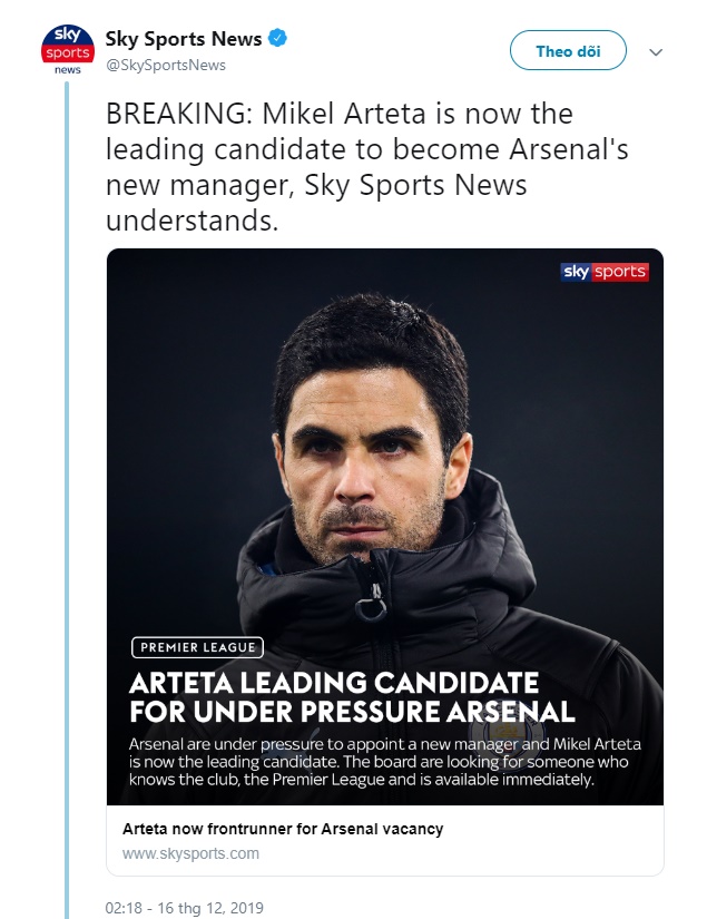 Sky Sports xác nhận thêm về thương vụ Arsenal - Arteta - Bóng Đá