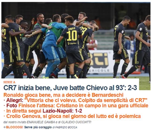 Báo chí Italia nhận xét gì về màn ra mắt Serie A của Ronaldo? - Bóng Đá
