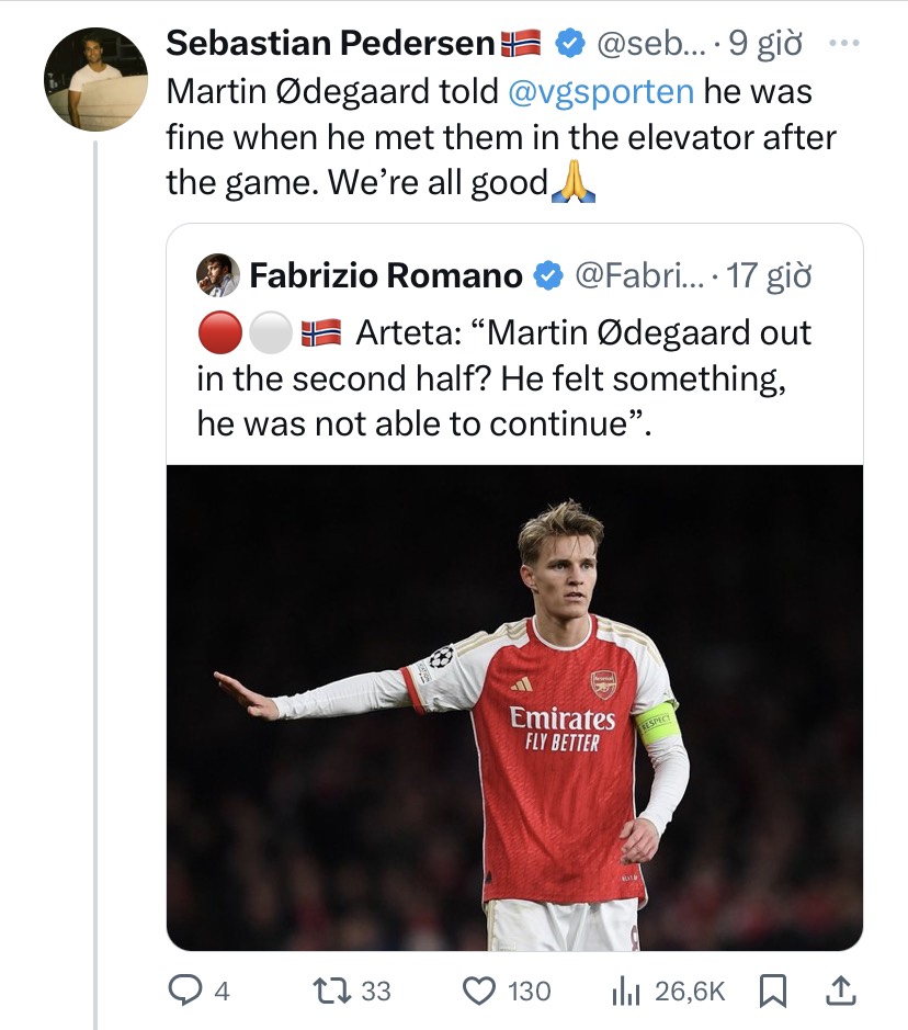 Norwegian journalist shares what Martin Odegaard told him about his injury after Aston Villa defeat - Bóng Đá