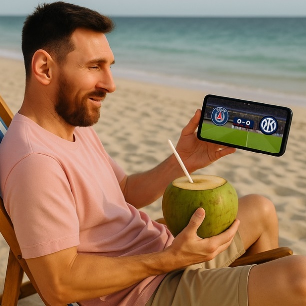 Mới ngày nào Messi còn khổ sở với Inter lẫn PSG, giờ anh đã có thể ngồi uống nước dừa chill chill tại bãi biển Miami để thưởng thức trọn vẹn trận đấu.