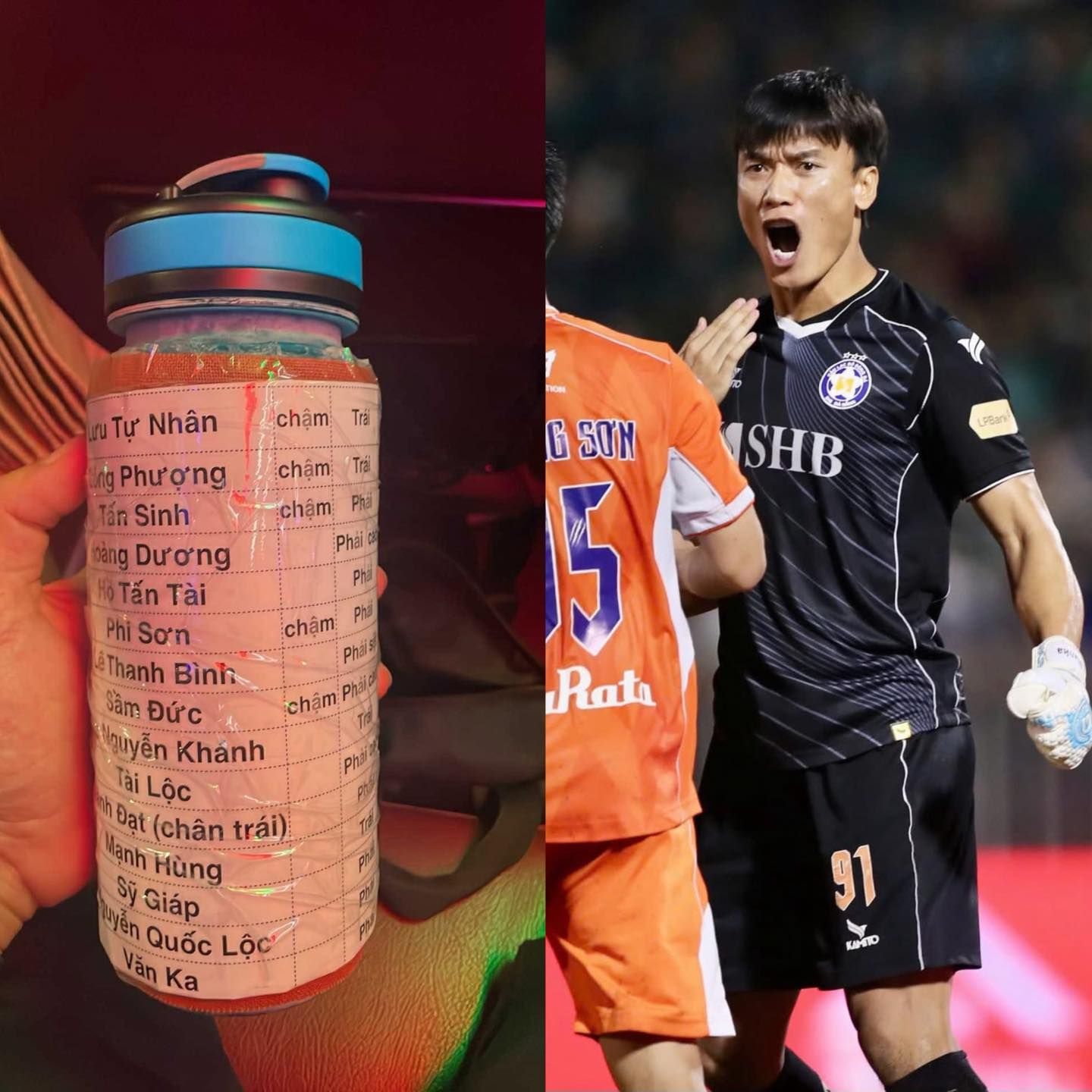 Tiến Dũng và bình nước ghi thông tin đối thủ.