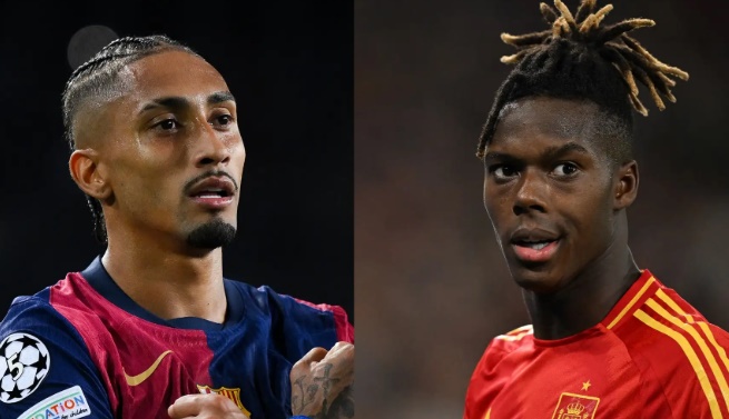 Raphinha chào đón Nico Williams đến Barca.