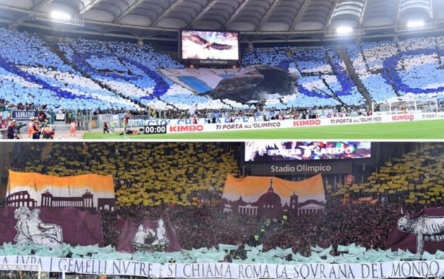 Trận Derby della Capitale cho thấy rõ hai màu sắc đối lập của hai đội trên khán đài (xanh da trời của Lazio và màu bã trầu của Roma).