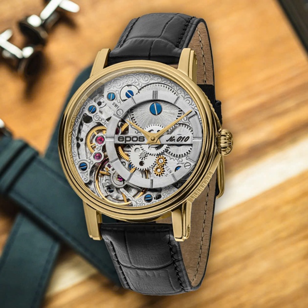 Đồng hồ Epos Swiss E-3435.313.22.18.25 Limited - Tác phẩm cơ khí thực thụ với thiết kế skeleton lộ cơ đầy mê hoặc, kết hợp cùng bộ vỏ mạ màu vàng và dây da đen cao cấp – biểu tượng của kỹ nghệ chế tác đỉnh cao và phong cách quý ông đẳng cấp.