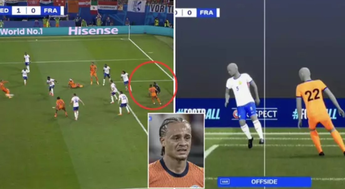 Tình huống Xavi Simons không được công nhận bàn thắng ở trận hòa 0-0 giữa Hà Lan và Pháp tại EURO 2024, khi Denzel Dumfries đã ở tư thế việt vị và phạm lỗi che mất tầm nhìn của thủ môn Mike Maignan.