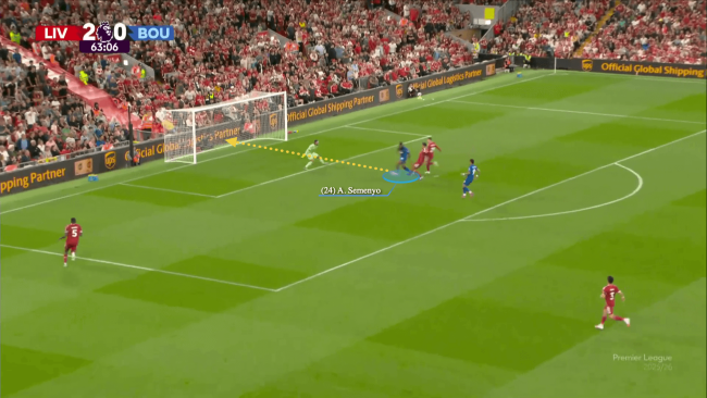 Semenyo ghi bàn rút ngắn tỷ số xuống còn 1-2 cho Bournemouth.