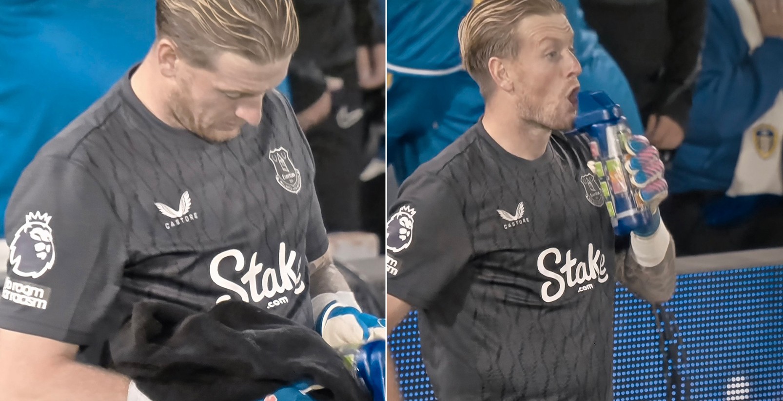 Jordan Pickford tham khảo bí kíp bắt penalty trên chai nước nhưng vẫn không thể giúp Everton tránh khỏi bàn thua.