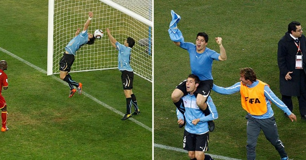 Suarez cố tình dùng tay ngăn cản bàn thắng của Ghana, sau đó cùng ĐT Uruguay thắng trận và đi tiếp.