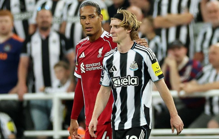 Anthony Gordon bị truất quyền thi đấu sau pha phạm lỗi với Virgil Van Dijk.