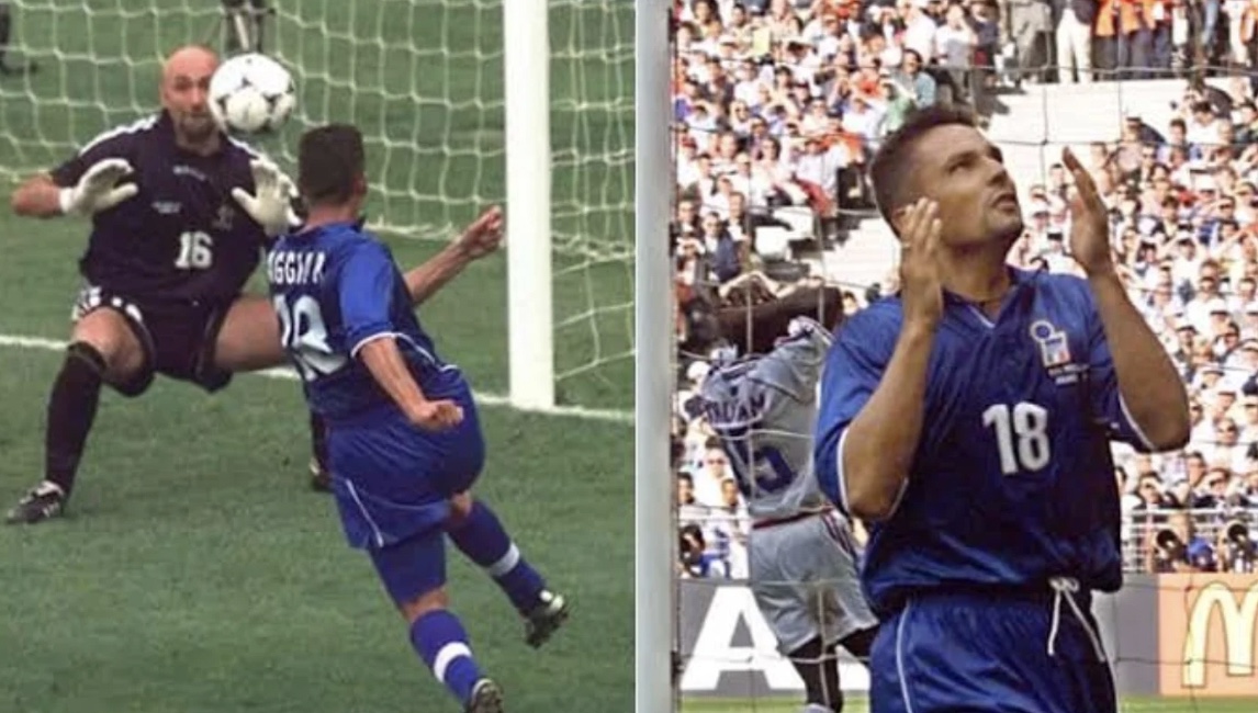 Cú volley suýt thành bàn thắng vàng của Baggio vào lưới Pháp, một trong những khoảnh khắc đáng tiếc nhất World Cup '98.