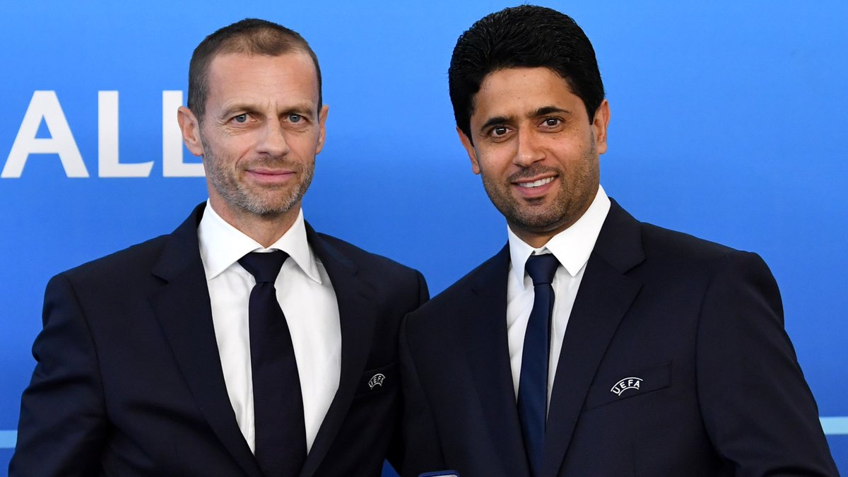 Aleksander Ceferin (trái) và Nasser Al-Khelaifi (phải) đại diện cho một liên minh quyền lực mới trong bóng đá Châu Âu.